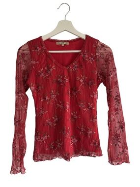 Red Lace Floral Long-Sleeve V-Neck Top